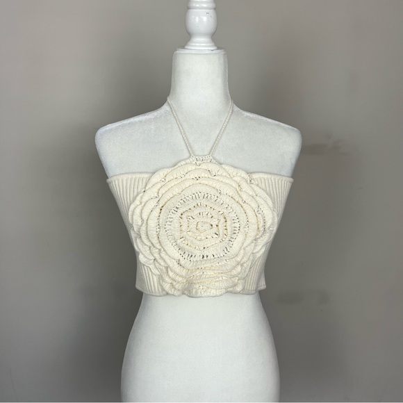 NWT ANTHROPOLOGIE FLAT WHITE KNIT FLORAL CROPPED HALTER TOP SIZE LARGE - Picture 12 of 15